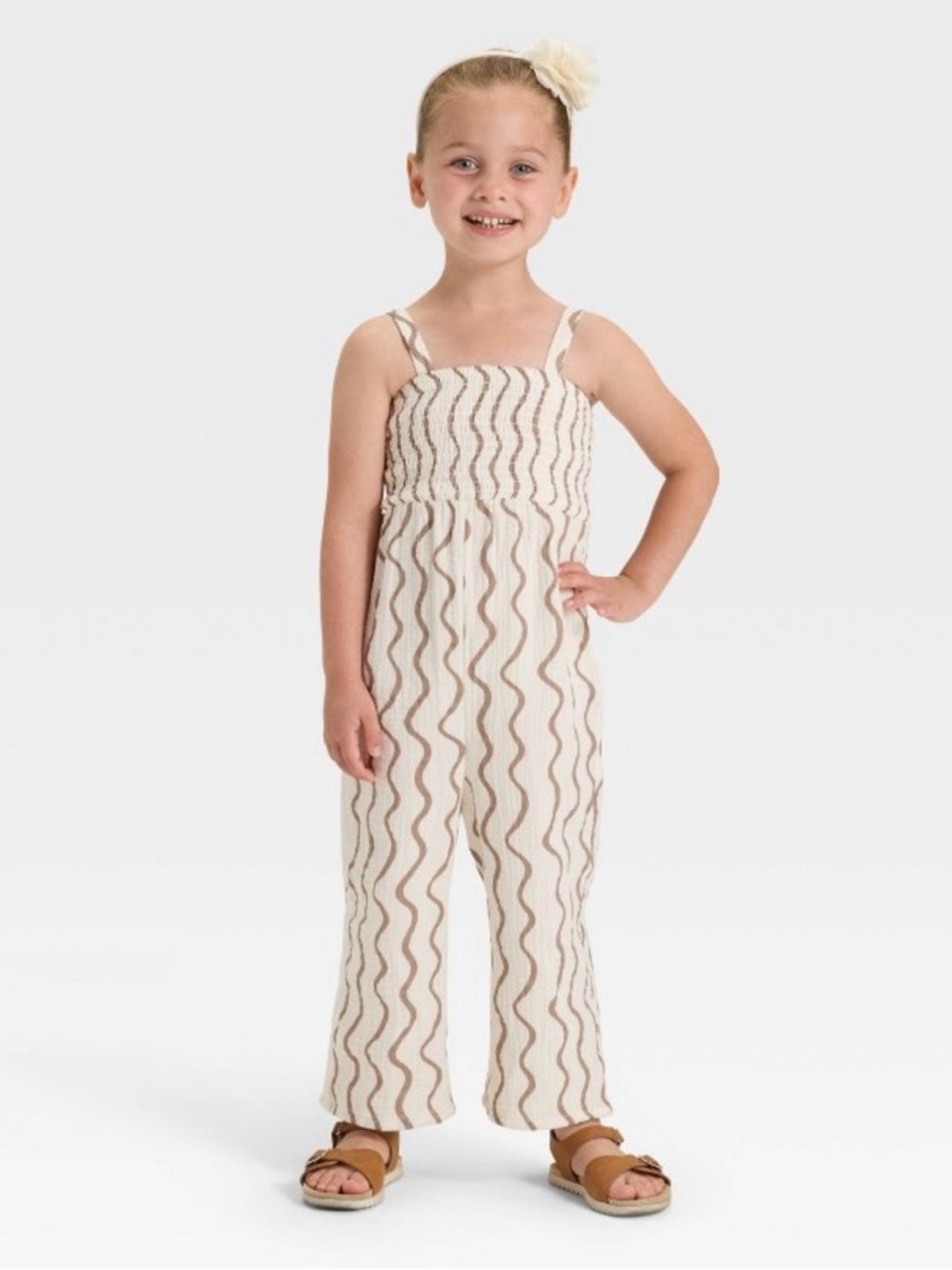 Grayson Mini Cream Wavy Print Smocked Romper